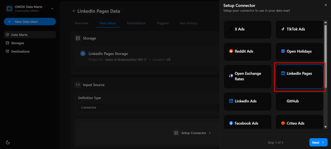  Setup Connector panel in OWOX Data Marts with LinkedIn Pages selected as the connector source. i-shadow