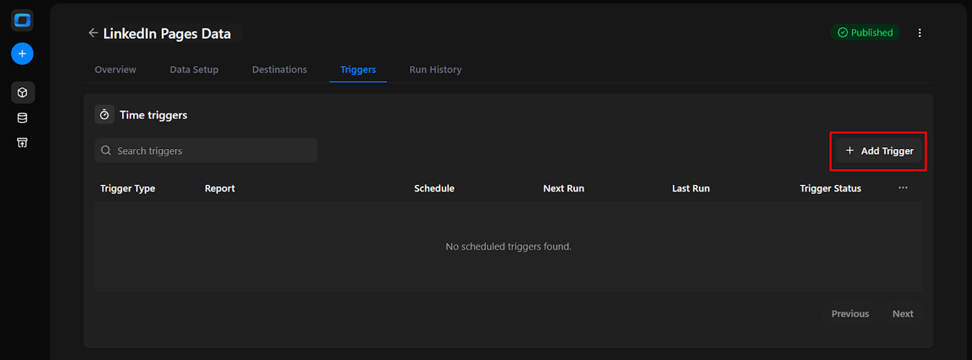 Triggers tab in OWOX Data Marts showing the option to add a new time trigger, with no scheduled triggers currently listed for the LinkedIn Pages Data mart. i-shadow