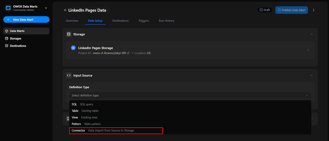 Input Setup section in OWOX Data Marts with ‘Connector’ selected as the definition type for the data source. i-shadow