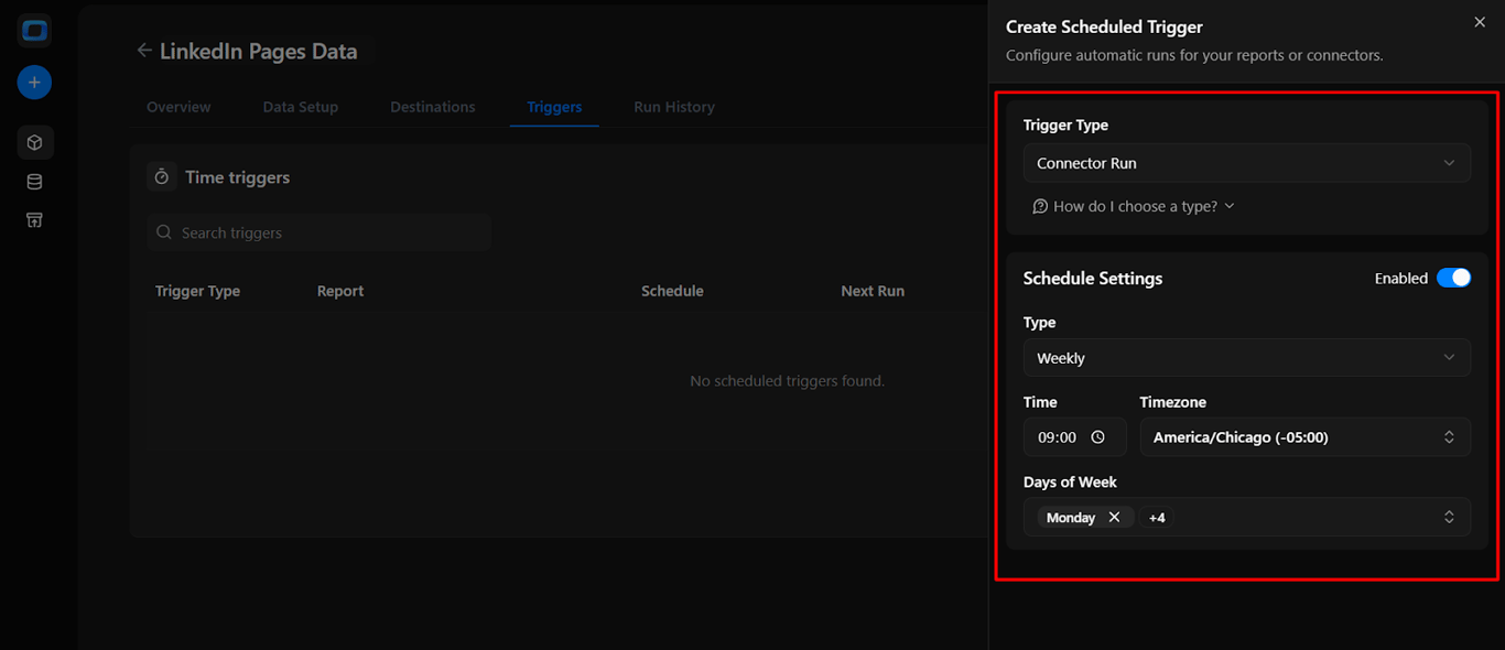 Scheduled trigger setup screen in OWOX Data Marts showing trigger type and scheduling options for automating data runs. i-shadow