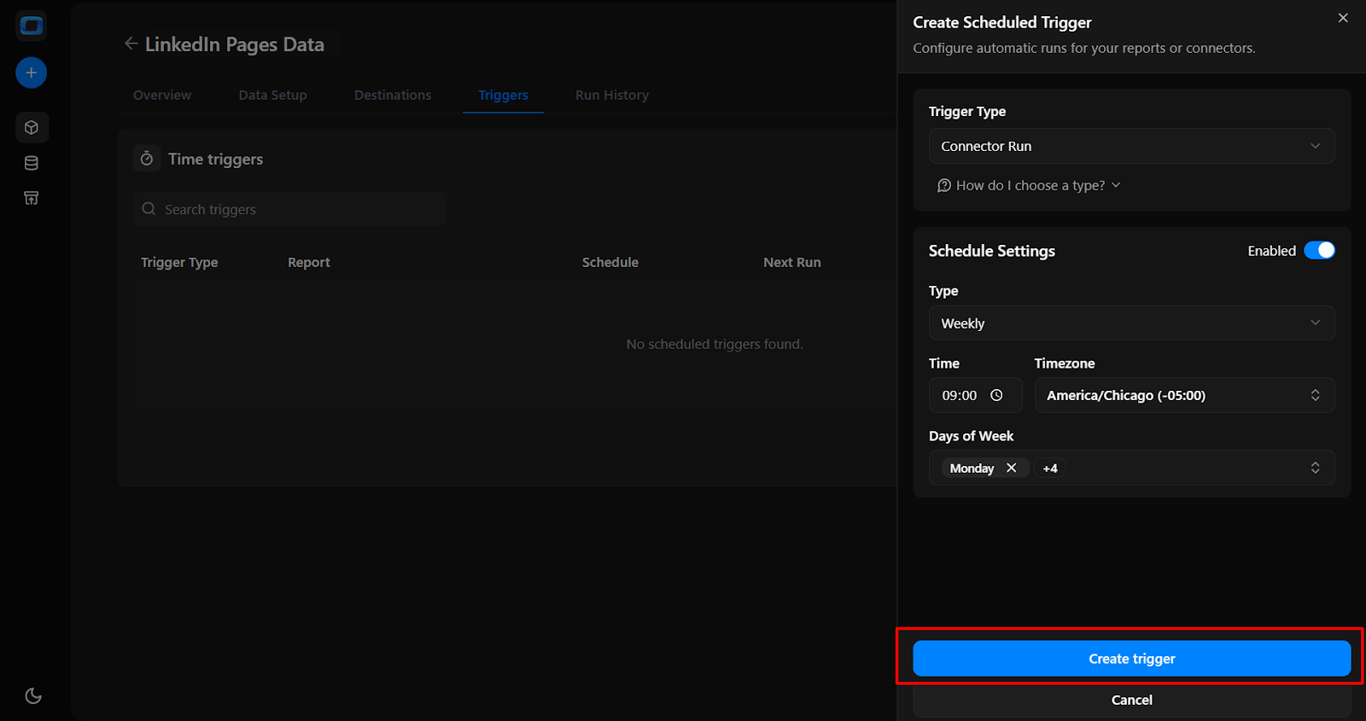 OWOX Data Marts time trigger setup showing schedule details and the ‘Create trigger’ button to automate data refresh based on the selected configuration.  i-shadow