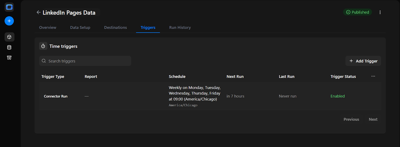 OWOX Data Marts trigger summary screen showing active time trigger details, including schedule, status, and upcoming run for LinkedIn Pages. i-shadow