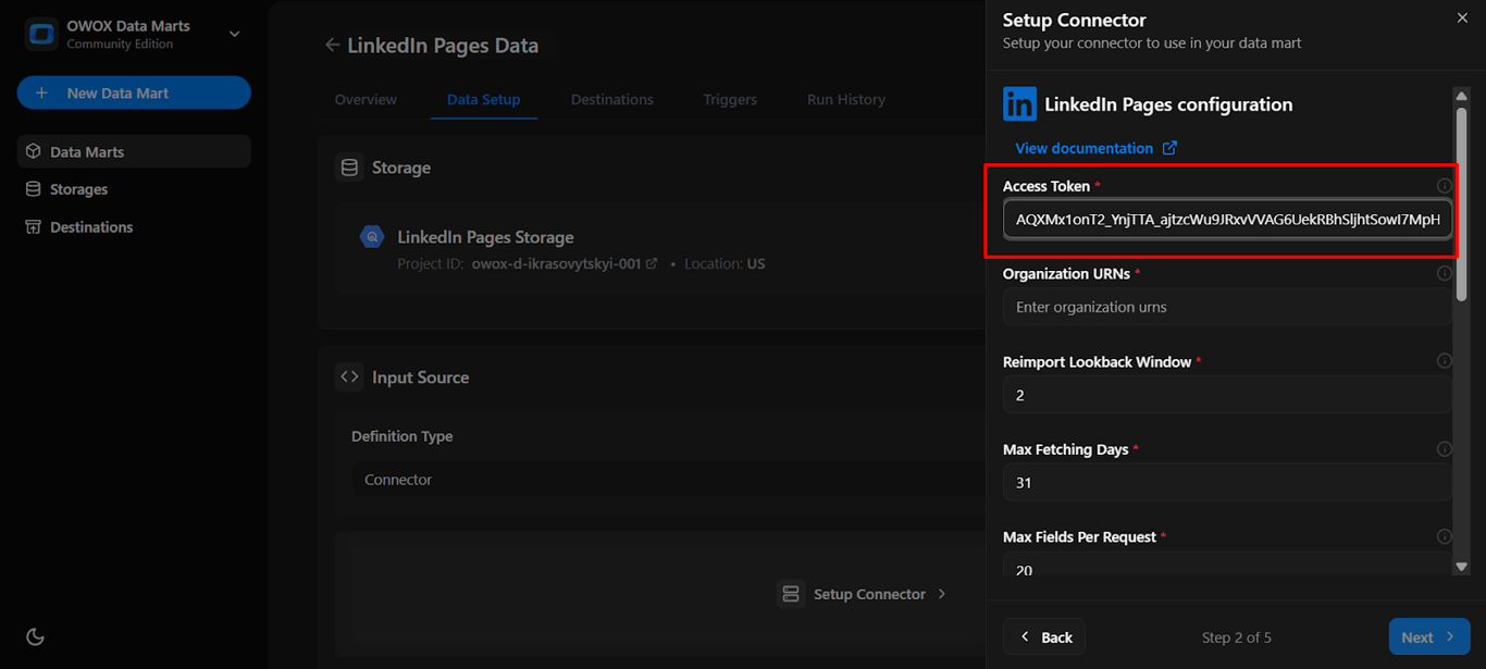 OWOX connector configuration panel with the LinkedIn Pages access token field filled in for authentication. i-shadow