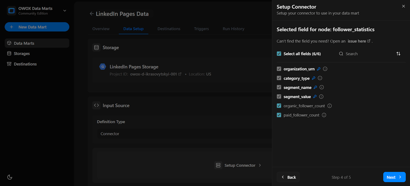 List of available fields from LinkedIn Pages API to include in the connector. i-shadow