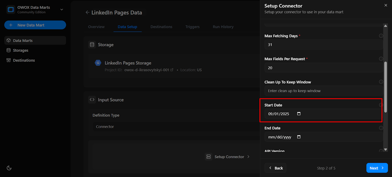 Connector configuration form with the Start Date field set to 2025-07-01 for fetching data from LinkedIn Pages Ads. i-shadow