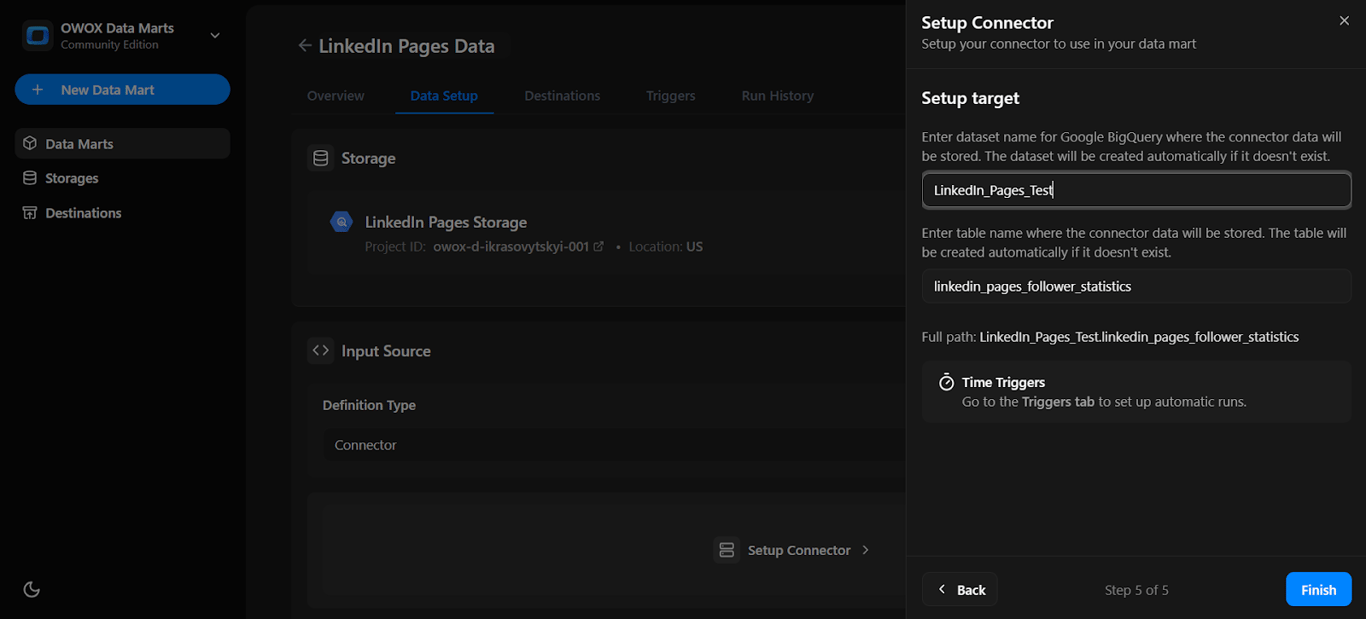 Final setup screen showing the target dataset and table path in BigQuery with time triggers hint enabled. i-shadow