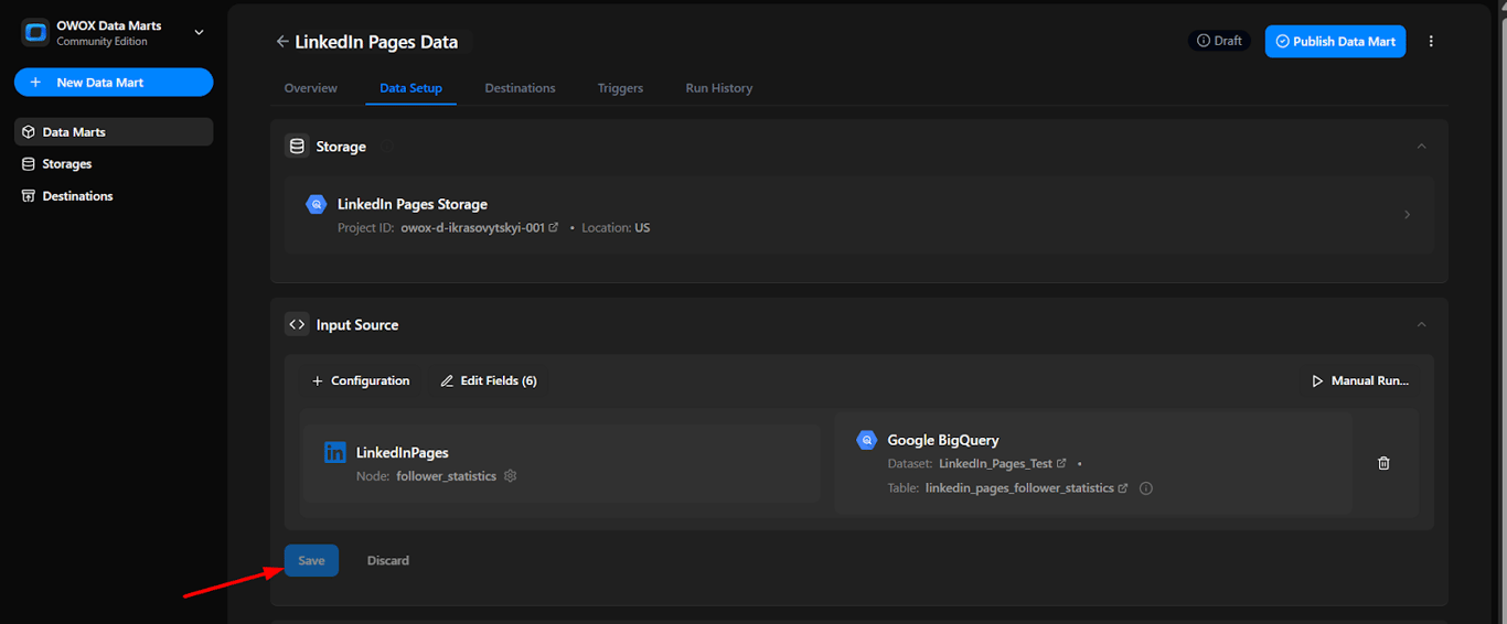 OWOX Data Marts configuration screen showing successful mapping between LinkedIn Pages and BigQuery table with a Save button. i-shadow