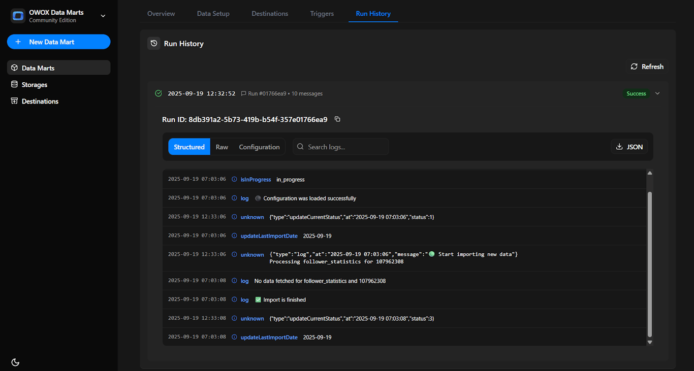 Run History tab in OWOX Data Marts displaying the status message ‘Import is finished’. i-shadow