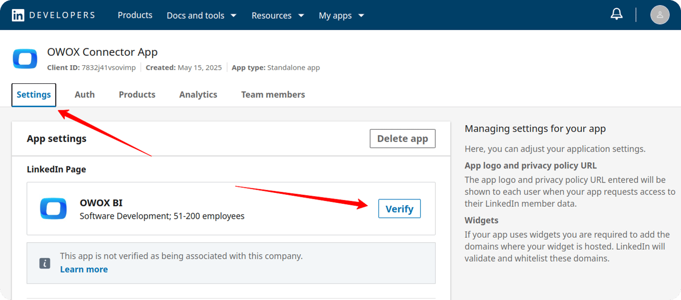 LinkedIn Developer app settings showing the company page and “Verify” button for page admin approval. i-shadow
