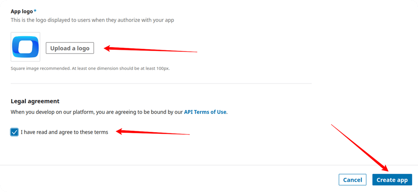 App creation screen in LinkedIn Developer portal with logo upload, legal agreement checkbox, and “Create app” button highlighted. i-shadow