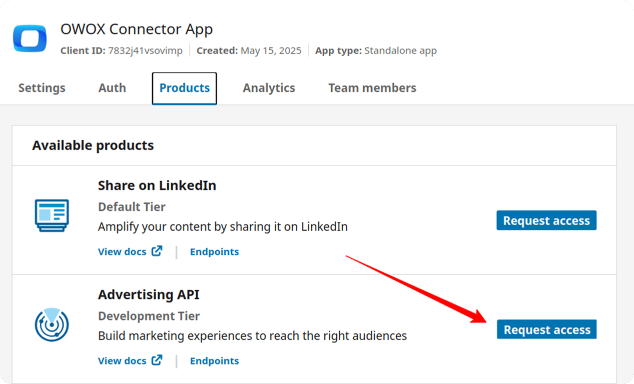 LinkedIn Developer portal Products tab showing “Advertising API” option with “Request access” button.  i-shadow