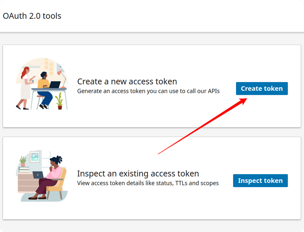 OAuth 2.0 tools screen in LinkedIn Developer portal with “Create token” button highlighted.  i-shadow