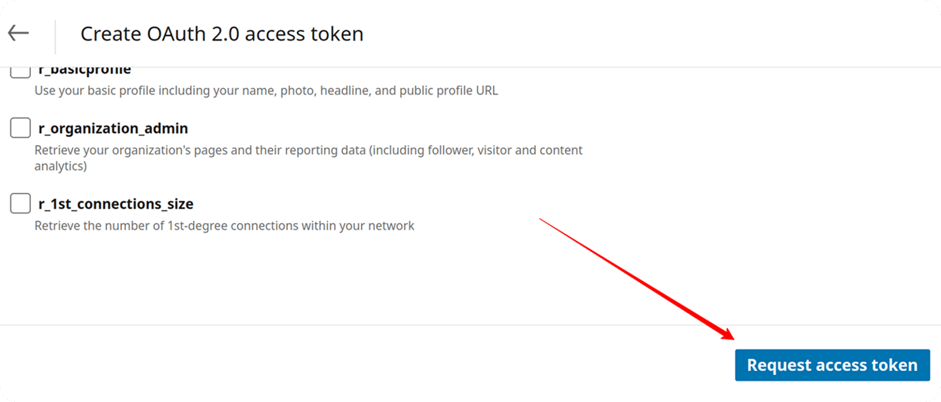 OAuth interface showing the “Request access token” button to finalize LinkedIn Ads API authorization. i-shadow