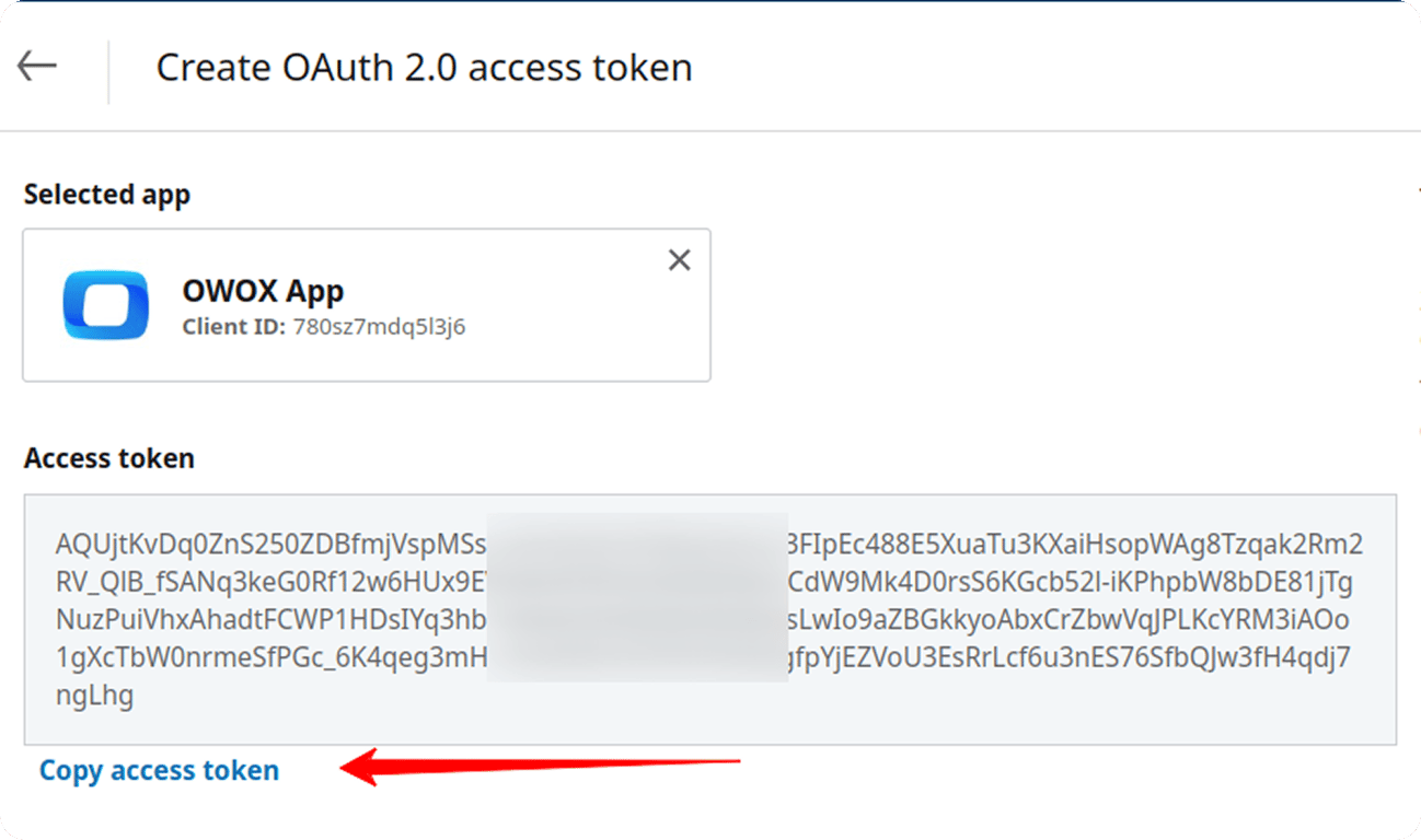 OAuth access token screen displaying the generated LinkedIn Ads token with the “Copy access token” link highlighted. i-shadow