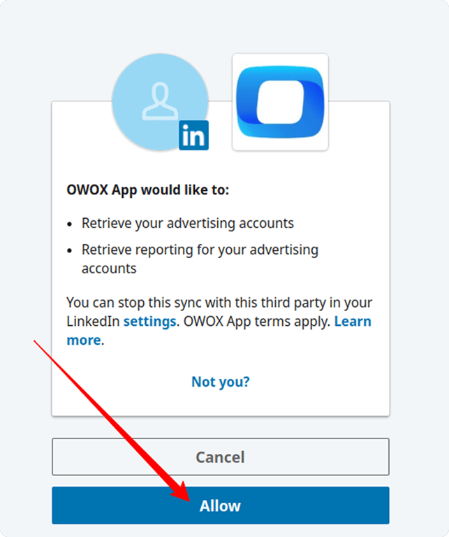 LinkedIn consent screen asking for permission to access and report on advertising accounts with the “Allow” button highlighted.  i-shadow