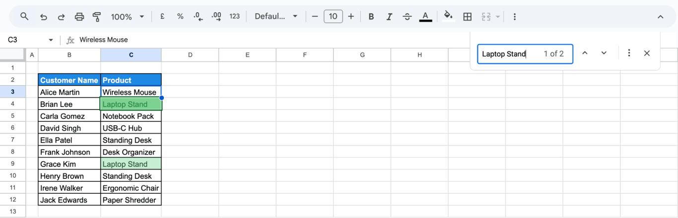 Spreadsheet showing search results highlighted using the Ctrl + F shortcut to locate matching text. i-border