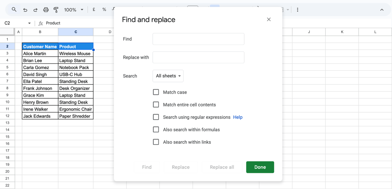 Google Sheets interface showing the opened Find and Replace dialog box, with empty Find and Replace fields and all sheets selected as the search scope. i-border