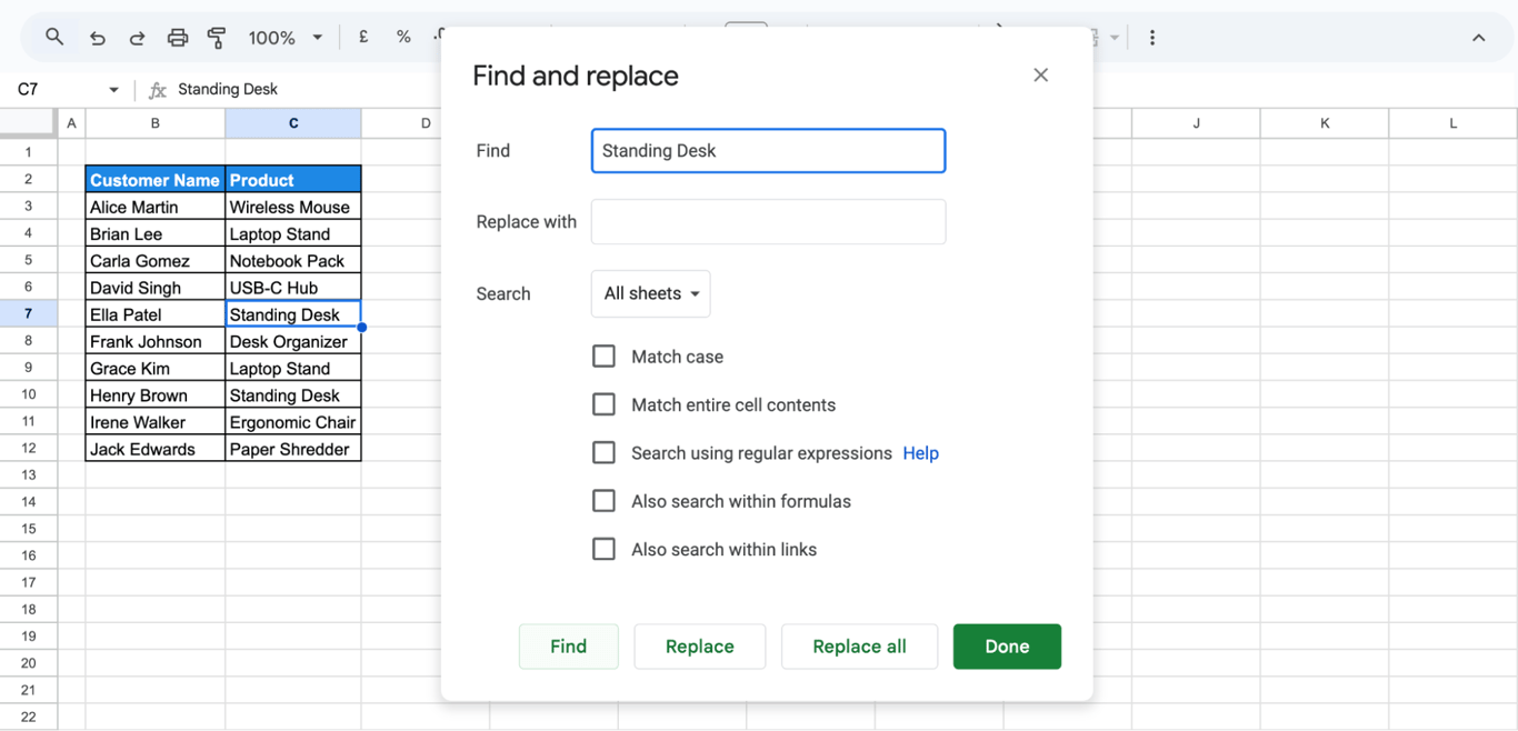Google Sheets highlighting search results after clicking “Find” in the Find and Replace tool. i-border