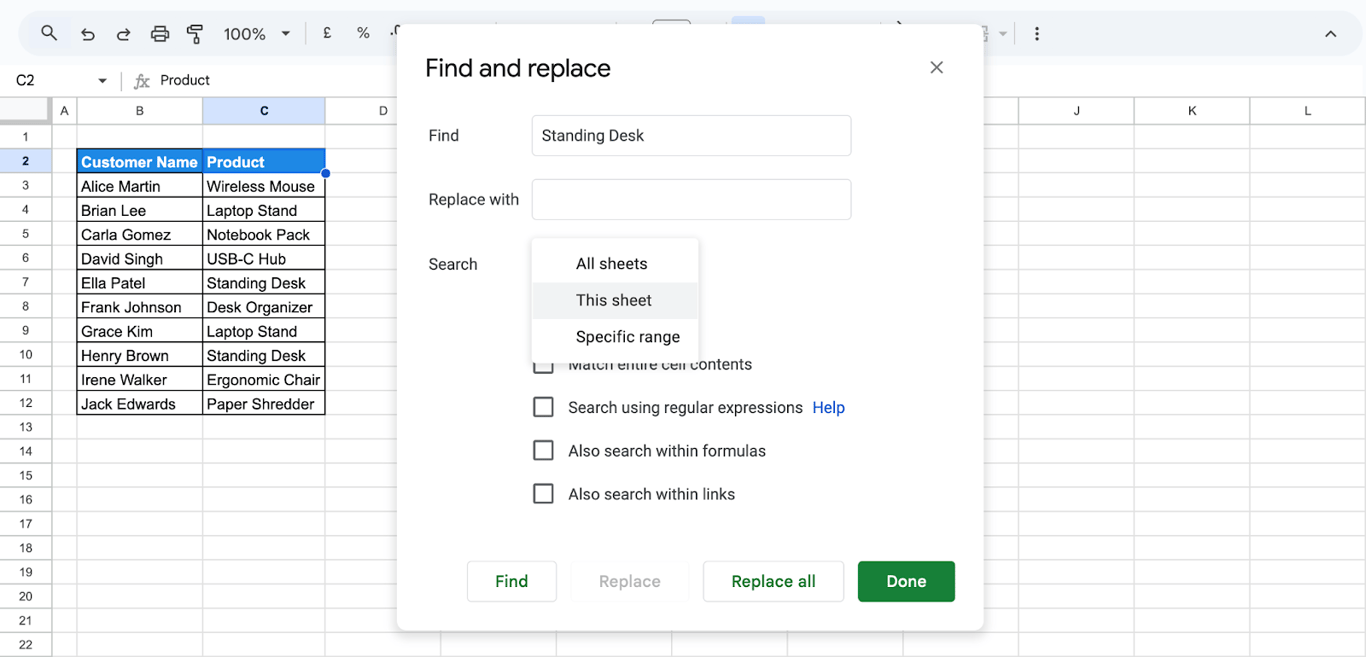 Find and Replace tool in Google Sheets displaying a search term with search scope set to “This sheet” in the dropdown. i-border
