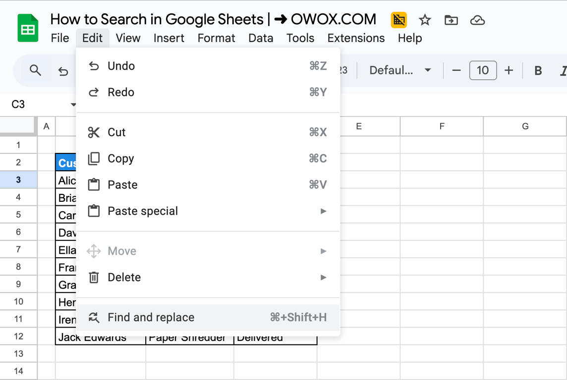 Edit menu opened in Google Sheets, showing the “Find and replace” option along with shortcut keys. i-border