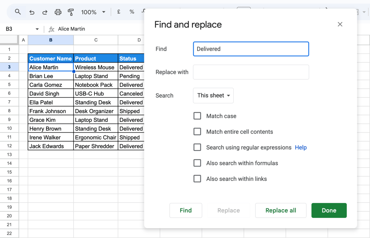 Find and Replace box filled with a word to search for matching cell content in a column. i-border