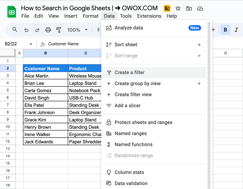 Data menu expanded in Google Sheets, showing the option to create a filter for data columns. i-border