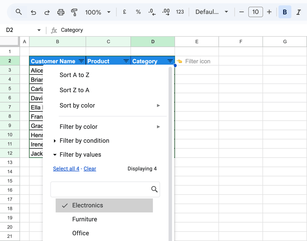 Filter dropdown expanded on a column showing options to filter by individual values or categories. i-border