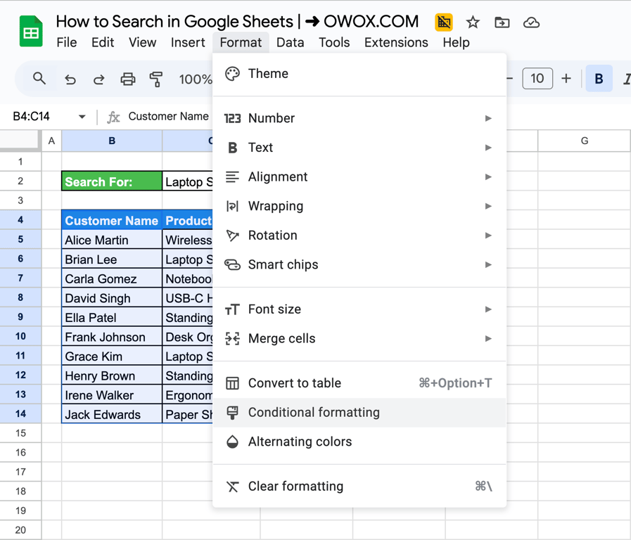 Format menu expanded in Google Sheets with the Conditional Formatting option highlighted for cell styling. i-border