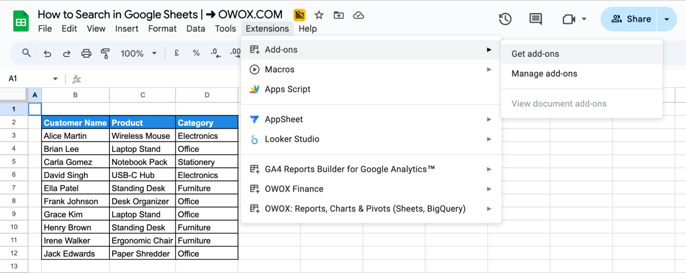Extensions menu in Google Sheets expanded to show the option to access and install add-ons. i-border