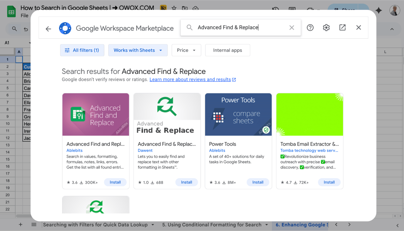 Google Workspace Marketplace search results for “Advanced Find & Replace for Sheets” showing multiple add-on options.