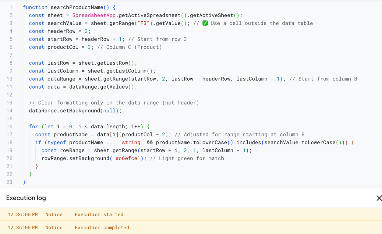 Code in Apps Script for highlighting “Product” column containing “Chair”, ready for custom script creation.
