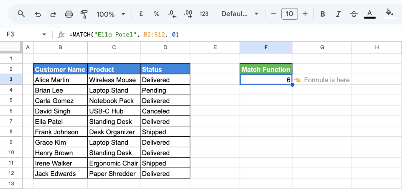 Using the MATCH function in Google Sheets to return the position of a name within a column of customer data, with the result displayed as a number. i-border