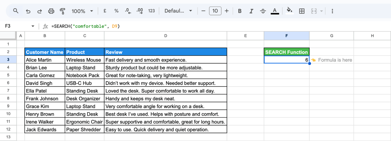 Applying SEARCH formula in Google Sheets to identify the position of a specific word within a cell’s content, using a case-insensitive function that returns a numeric result. i-border