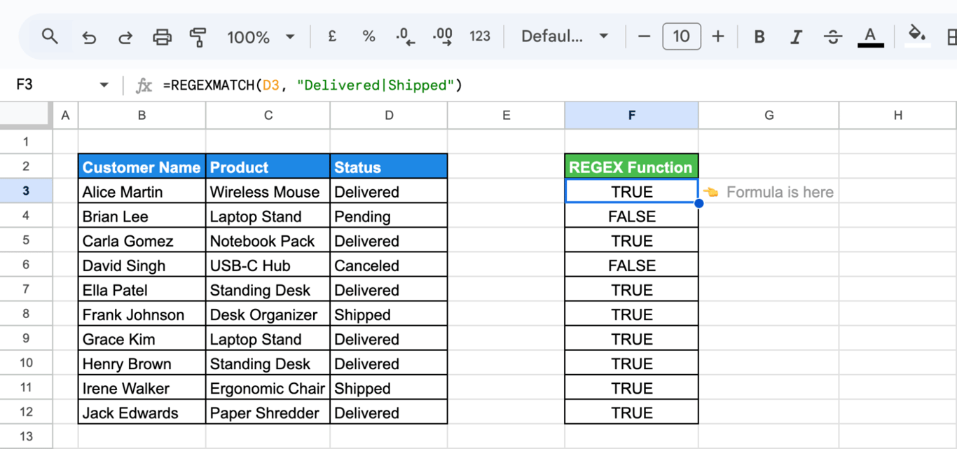 Using REGEXMATCH formula in Google Sheets to check if a column contains specific text values and return TRUE or FALSE results. i-border