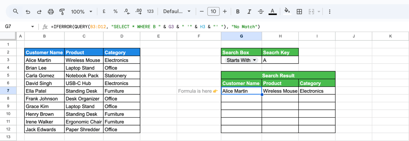 Search box in Google Sheets using a QUERY formula to return rows that match the selected condition and keyword. i-border