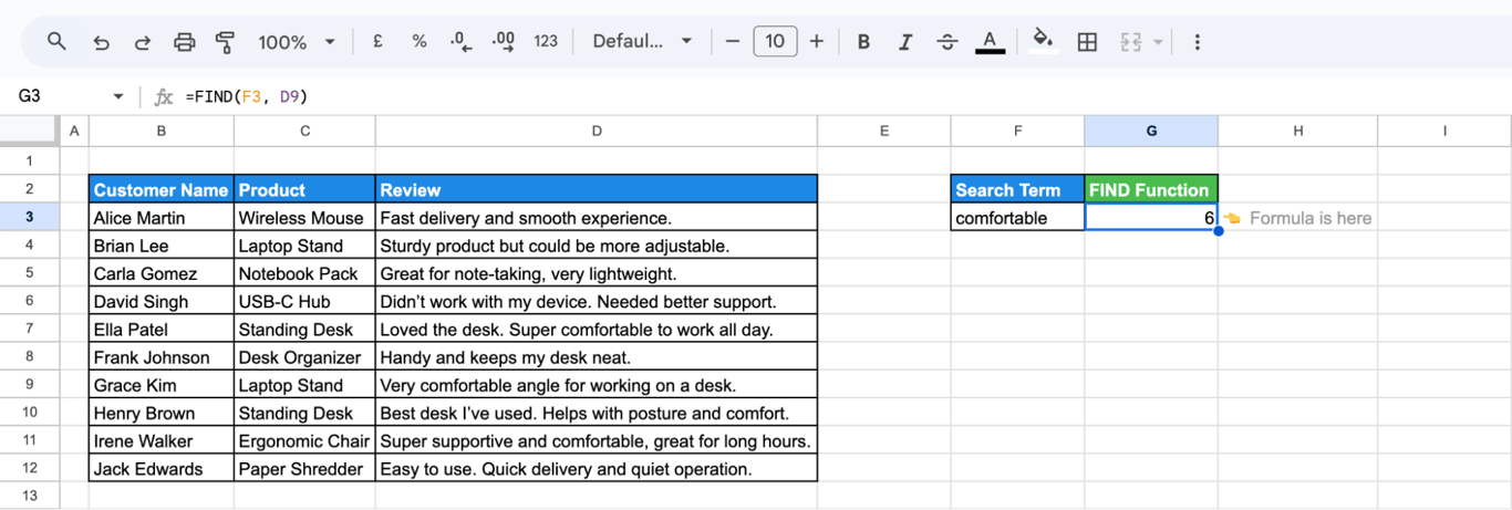 Using the FIND function in Google Sheets to locate the position of a word inside a text cell, with the result shown in another column for searching. i-border