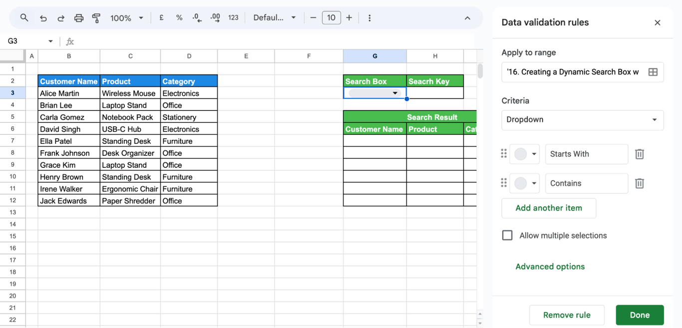 Google Sheets layout with designated cells for search input and filter options using data validation and dropdowns. i-border