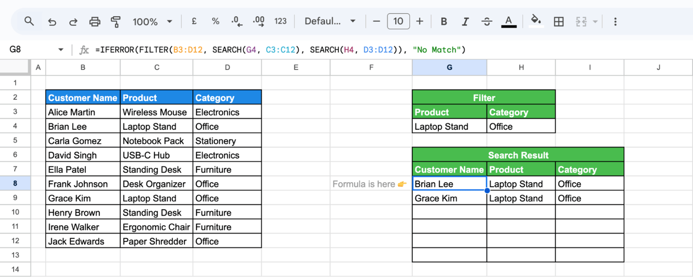 Using FILTER and SEARCH with IFERROR in Google Sheets to display a narrowed-down set of matching data as per product and category inputs. i-border