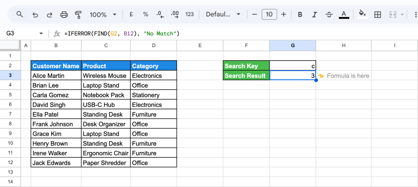 Applying FIND with IFERROR in Google Sheets to identify the position of a specific character within a text string. i-border