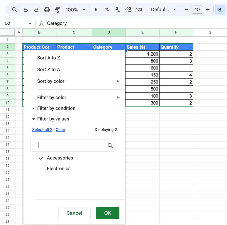 Filtering data by category in Google Sheets to focus on specific product types. i-border