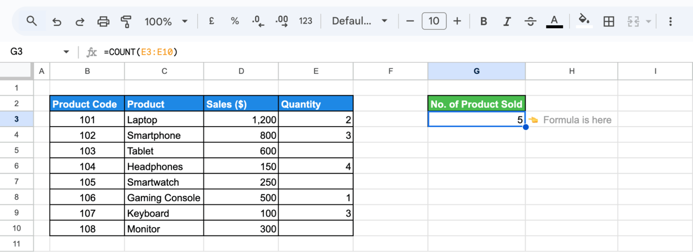 Using the COUNT function in Google Sheets to count product entries. i-border