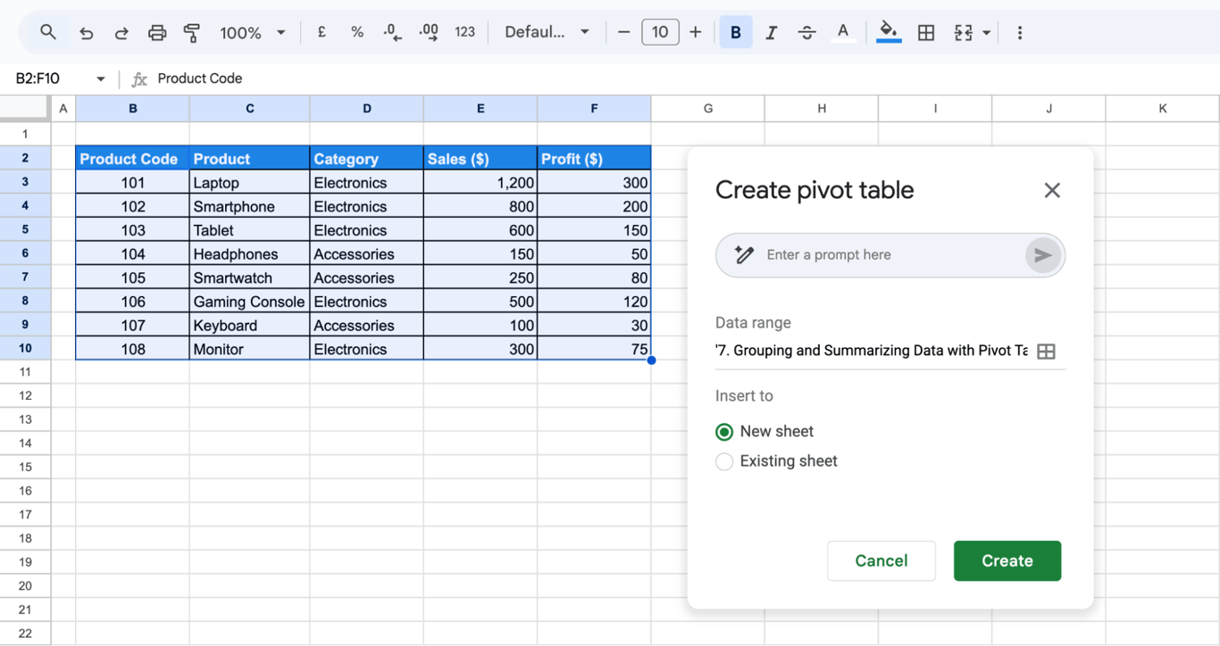 Inserting a new sheet for Pivot Table in Google Sheets. i-border 