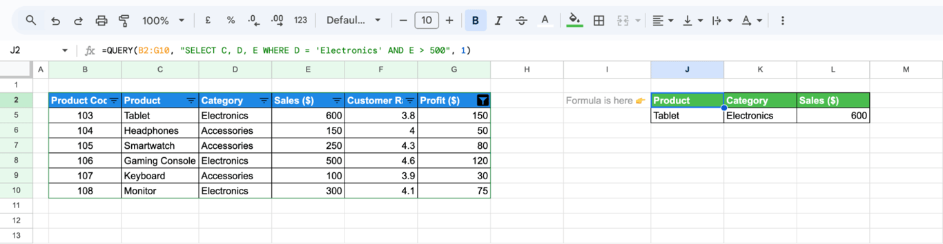 Applying the QUERY function in Google Sheets to retrieve specific product sales based on conditions. i-border