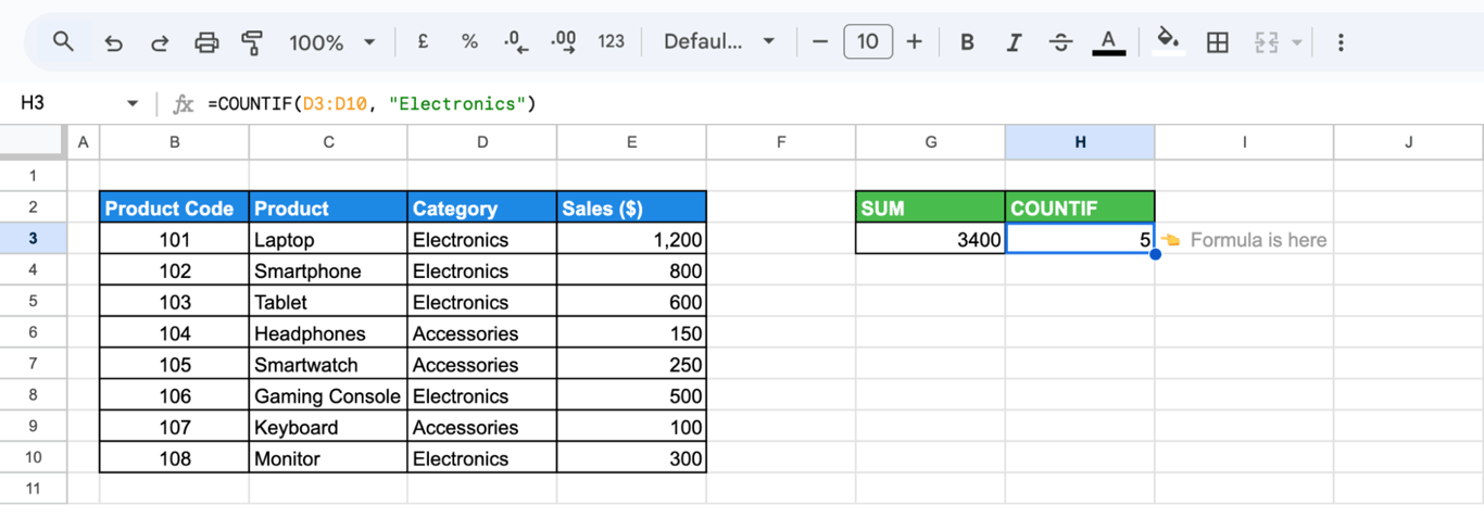 Applying the COUNTIF function in Google Sheets to count the number of category entries. i-border