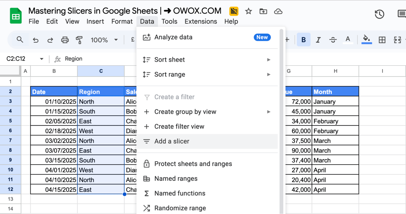  Google Sheets menu with the “Data” tab expanded, showing the option to add a slicer. i-border