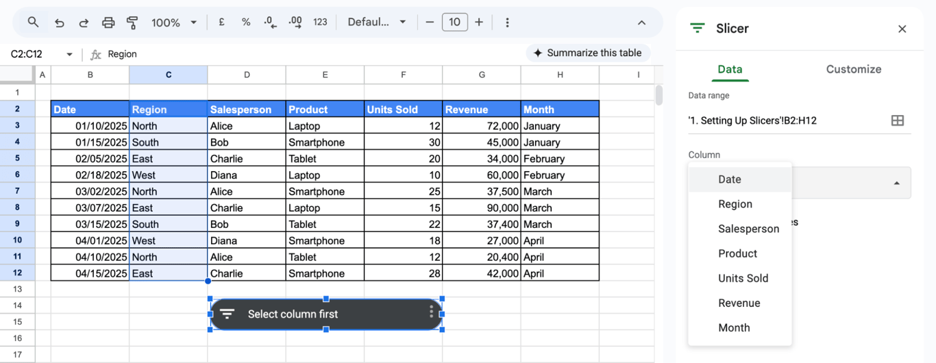 Slicer settings panel in Google Sheets displaying the data range and column dropdown to select filter criteria. i-border