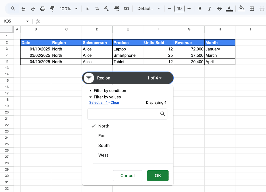 Region slicer in action with filter values displayed and “North” selected, resulting in filtered sales data below. i-border