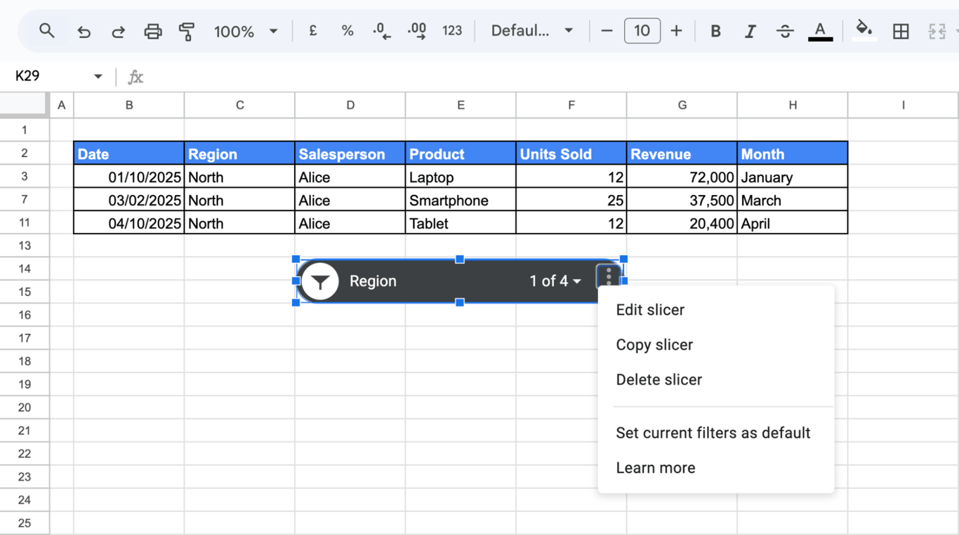 Slicer options menu showing the “Edit slicer” option selected for modifying slicer settings. i-border