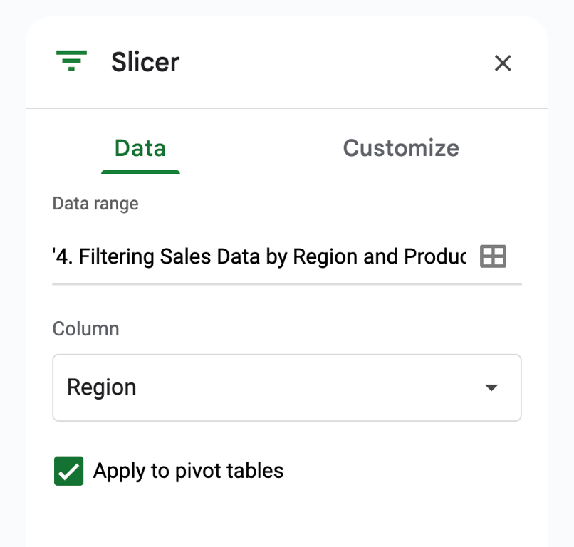 Region slicer settings in the side panel with the data range specified and the pivot table filtering option enabled. i-shadow