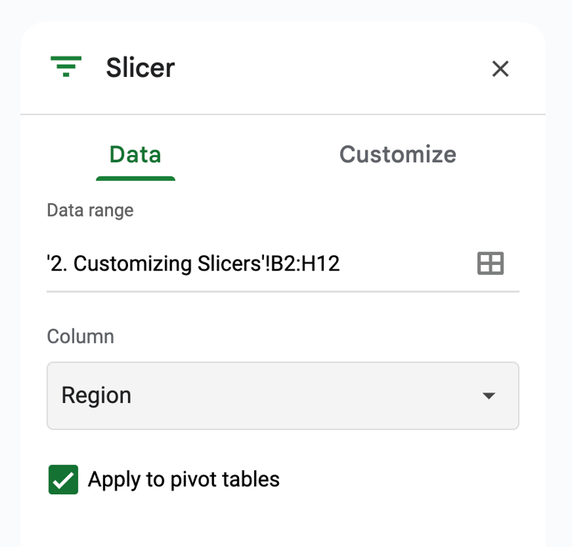 Another view of the slicer settings with Region selected as the column and pivot table application enabled.  i-shadow